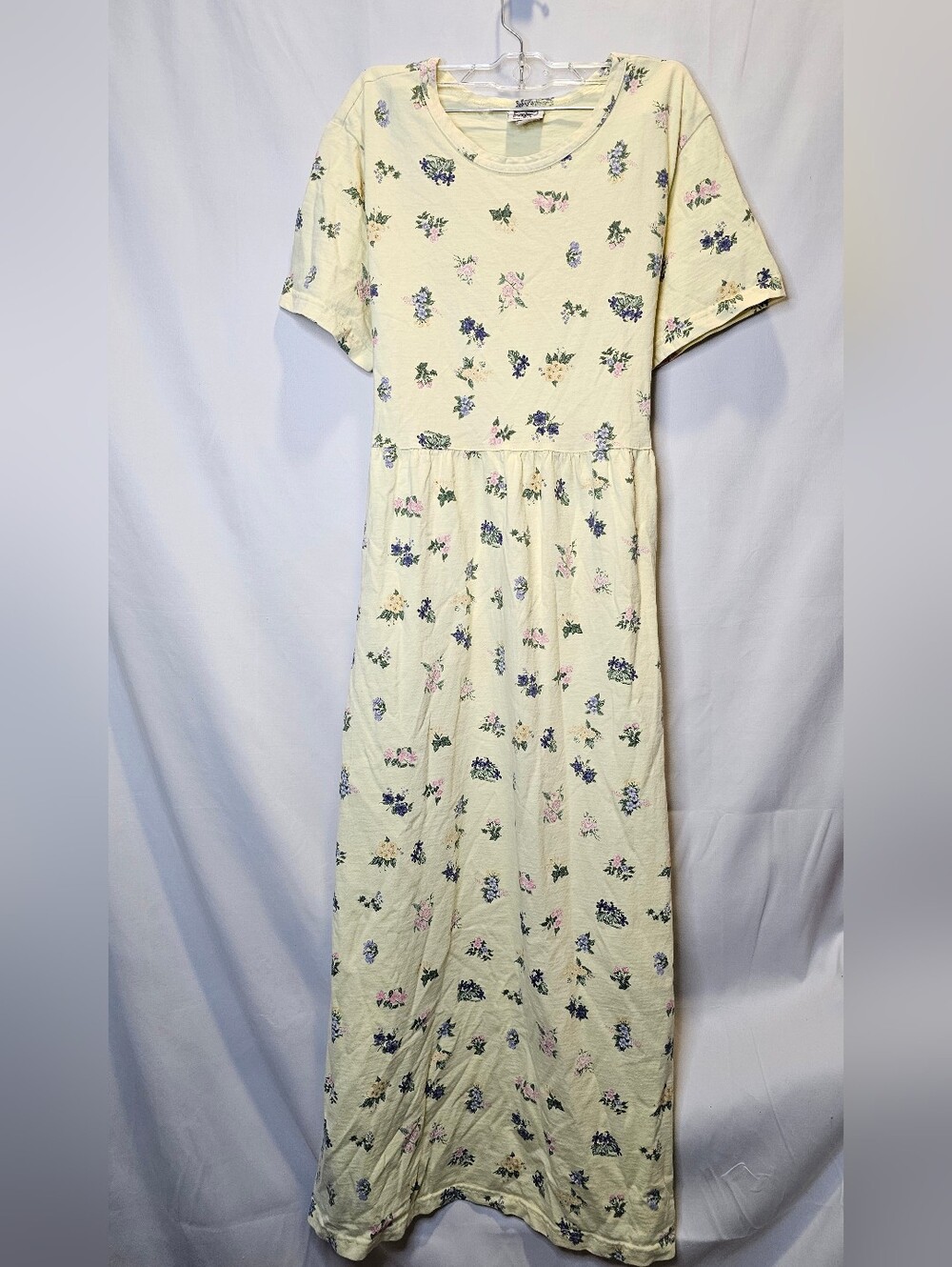 Vintage 90s Floral Print Pale Yellow 100% Cotton Cottagecore Maxi  Dress